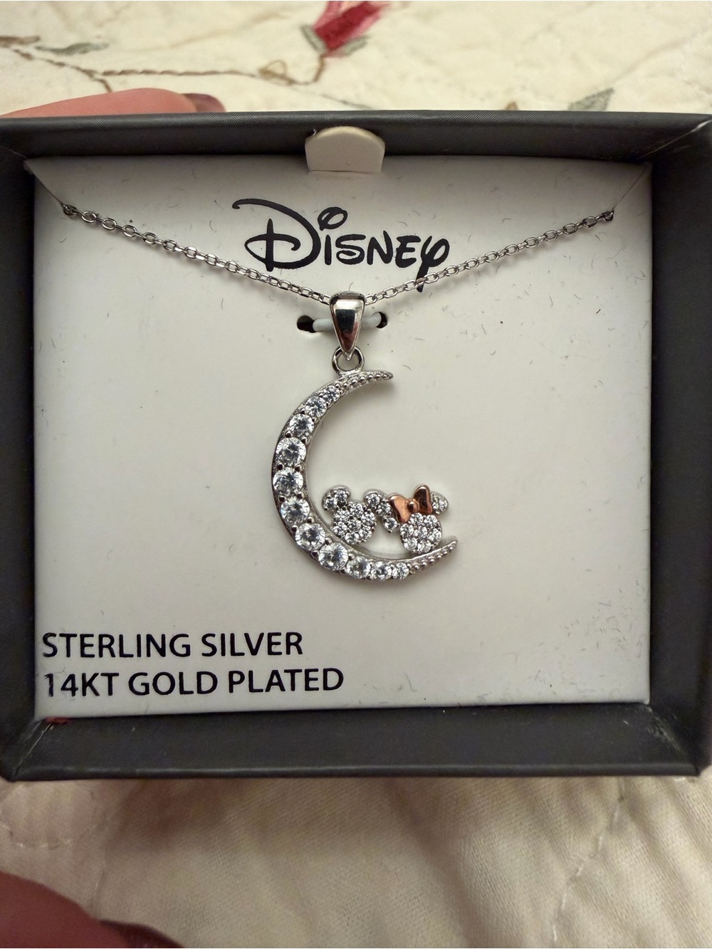 Disney Sterling Silver Crystal Moon Necklace with 14K Gold Plate